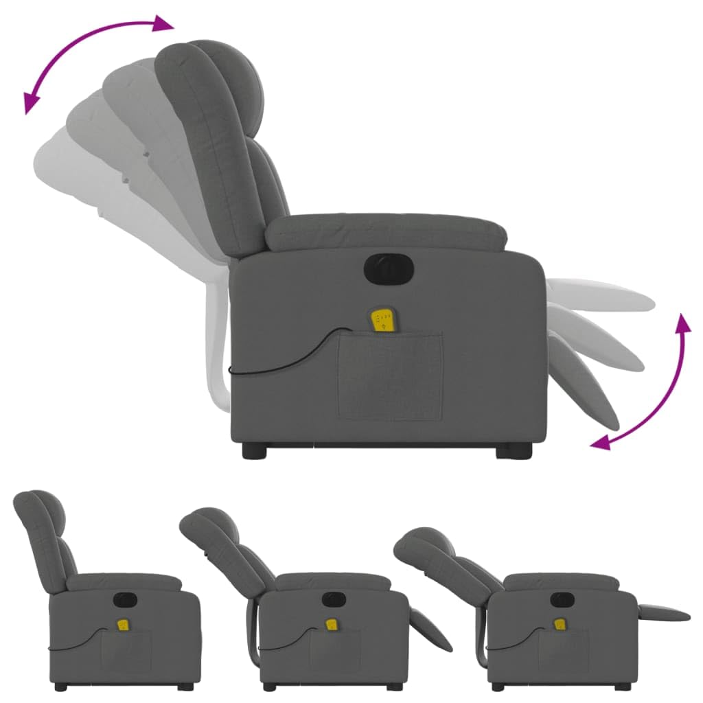 Sillón elevador eléctrico con masaje de 6 puntos y reclinación automática, gris oscuro de tela, función elevación y vibración, estructura estable de madera