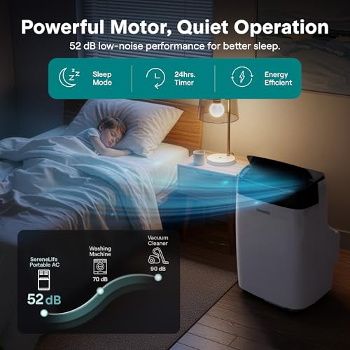 Image of SereneLife Portable Air Conditioner, Dehumidifier & Fan | Dual Motor 3-in-1 8,000 BTU AC with 64F-90F Temperature Range, Cools Up to 350 Sq Ft, 3 Fan Speeds, Remote Control & Window Kit, White