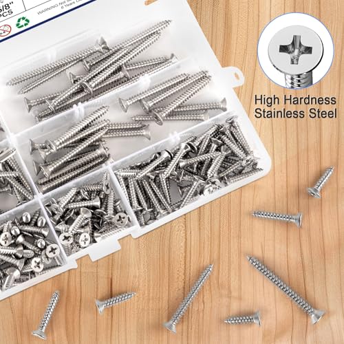 Kit surtido de 220 tornillos para madera, acero inoxidable 304, cabeza plana con sistema de ajuste Phillips, 7 tamaños (2", 1-1/2", 1-1/4", 1", 3/4", 5/8", 1/2") miniatura 5