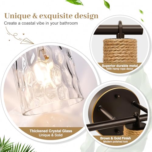 Image of MOKATNG Bathroom Light Fixtures, 3-Light Coastal Vanity Lights with Crystal Glass Shade, Oil-Rubbed Bronze Bathroom Wall Lamp for Mirror Kitchen Hallway Cabinet