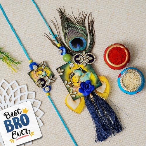 Image of eCraftIndia Radha Krishna Designer Rakhis for Brother and Bhabhi | Bhaiya Bhabhi Rakhi Set of 2 | Lumba Rakhi for Bhabhi | Best Bro Ever Fridge Magnet | Roli Chawal Pack
