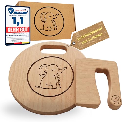 Eli Kindermesser - kindersicheres hochwertiges 2 teiliges Kinder Küchenmesser Set inkl. Schneidemesser für Obst und Gemüse - Schneidebrett aus Buchenholz - Messer für Kinder