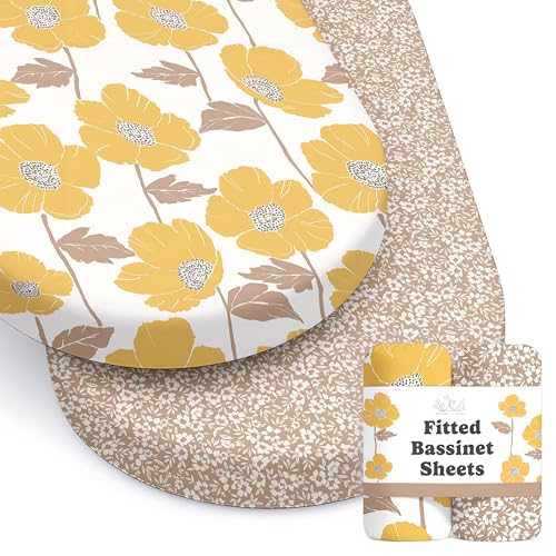 Image of Baby Bassinet Sheets Girl (Poppy Fields) 2-Pack - Fitted Bedside Bassinet Sheets - Buttery Soft Cotton Blend for Standard Bassinet Mattress Pad - Compatible with Halo Bassinest