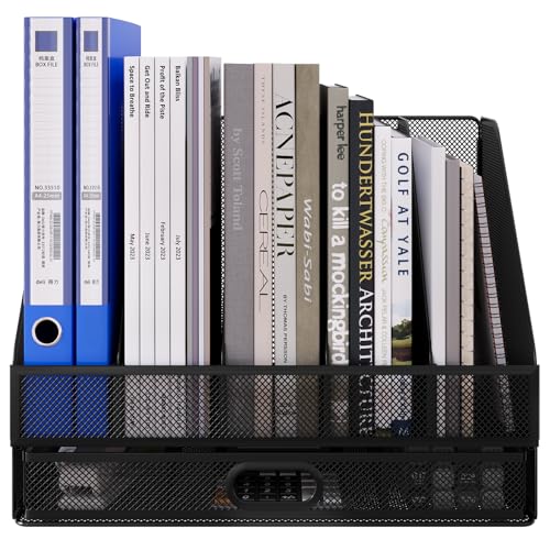 EasyPAG Desktop Metal A4 Magazine File Holder Mesh Desk Tidy Office Literature Document Ring Binder Paper Organiser Filing Rack with Drawer,5 Compartments,Black - Image 3