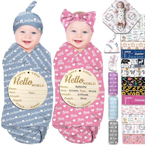 Personalized Baby Swaddle Blanket Girl Boy Custom Name Swaddle with Hat Bow Set Newborn Baby Items Wrap Customized Baby Gifts