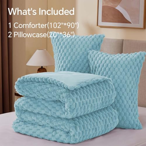 BEDELITE Fluffy King Size Comforter Set - Dusty Blue Fleece Soft Comforter for King Size Bed, Luxury Warm Bedding Set for Winter, Fuzzy Bed Set 3 Pieces (1 Comforter, 2 Pillowcases)