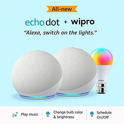 Image of Echo Dot (5th Gen, White) gift twin pack with Wipro 9W LED Smart Color Bulb