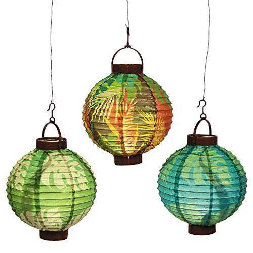 Fun Express Luau Leaf Light-Up Hanging Paper Lanterns - Tiki & Tropical Party Decor - Perfect for Summer Celebrations & Events - 3 Pieces
