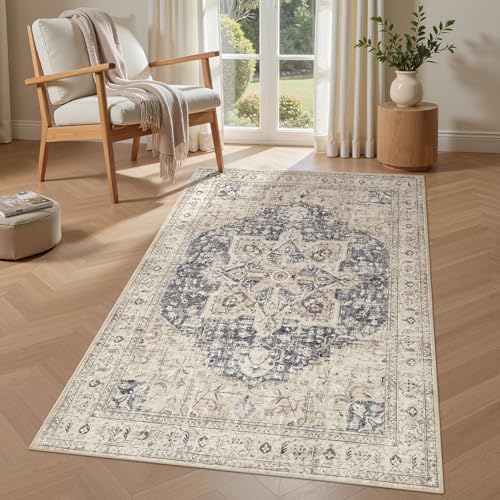 Tortania Area Rug Living Room Rugs - 3x5 Washable Rug Vintage Oriental Distressed Farmhouse Small Thin Indoor Carpet for Living Room Bedroom Under Dining Table Home Office - Cream Blue