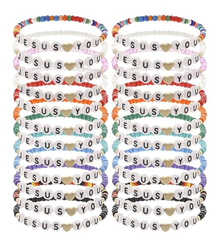 Taouzi 24Pcs 𝐉𝐞𝐬𝐮𝐬 𝐋𝐨𝐯𝐞𝐬 𝐘𝐨𝐮 Bracelets Bulk Handmade Clay Beads 𝐁𝐢𝐛𝐥𝐞 𝐕𝐞𝐫𝐬𝐞 Bracelets Christian Friendship Jewelry Xmas Gifts for Women