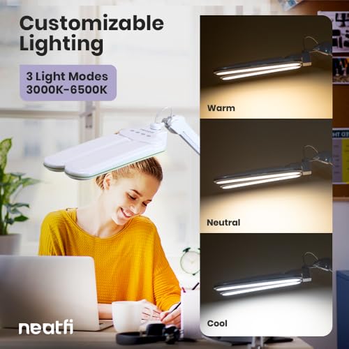 Image of Neatfi Elite HD XL LED Desk Lamp | 3 Light Modes | Non-Polar Dimming | 17 Inches Wide | Eye-Caring Desk Light for Home Office, Drafting, Beauty Shop, Workbench (Green Ring, CCT with Clamp)