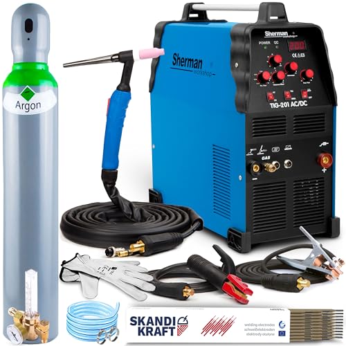 Sherman TIG 201 AC/DC - HF-Zündung WIG Schweißgerät AC DC mit 4m SR26 WIG-Schweißbrenner und präzise Steuerung - Profi Schweißgerät für Aluminium mit MMA-Schweißmodus - Set: Professional