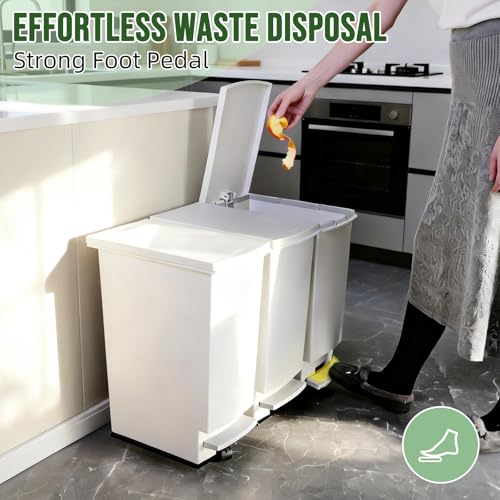 Image of Large Trash Can with Wheels and Lid, 8 Gallon Kitchen Foot Pedal Garbage Can with 360 Swivel Casters, Hands Free Step On Recycling White Trash Can - Odor Block, Durable Metal Wheel Base, 3Pack