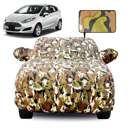 Image of Waterproof Car Body Cover for Ford Fiesta with Mirror Pocket, Soft Cotton Lining, Triple Stitched, Full Bottom Elastic (Heat Resistant Jungle Print with Red Piping)