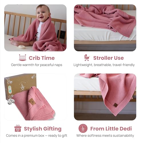Image of Organic Cotton Baby Blanket 30x40 in, Berry - GOTS Certified, Soft Knit Swaddle with Gift Box, Breathable Nursery Blanket for Crib & Stroller, Machine Washable