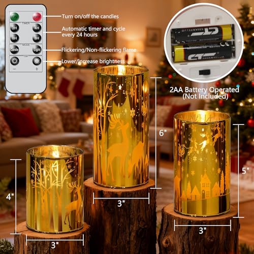 Image of Wondise Christmas Gold Reindeer LED Flameless Candles with Remote Timer, Electroplate Glass Battery Operated Real Wax Flickering 3D Wick Pillar Candles for Christmas Holiday Home Decoration