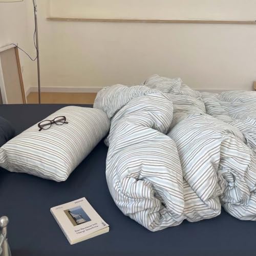 Image of Nayoroom Striped Duvet Cover Queen Size Blue White Striped Duvet Cover Aesthetic Dorm Bedding Set 3 Pieces Soft Lightweight Microfiber Farmhouse Bedding Set Gifts for Women Men