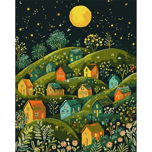 MAXBYE Malen Nach Zahlen Erwachsene, Paint by Numbers Adult Hill House Nachtansicht DIY Handgemalt Ölgemälde Kit Leinwand Acrylfarben Painting für Home Decor Geschenk, Ohne Rahmen 40x50cm