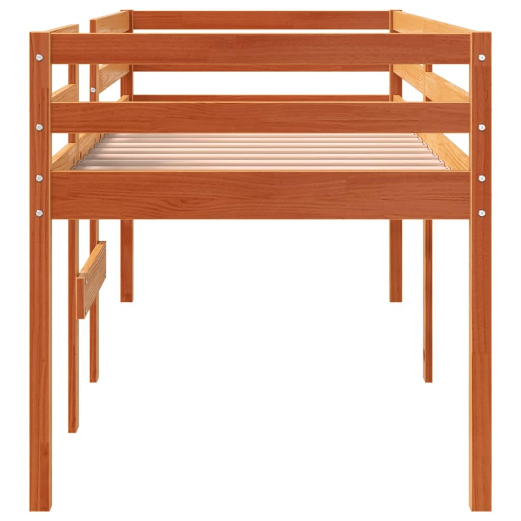 Cama alta marrón cera 80 x 200 cm madera maciza de pino, estructura de cama robusta para niños y jóvenes, mueble para dormitorio, diseño seguro con escalera