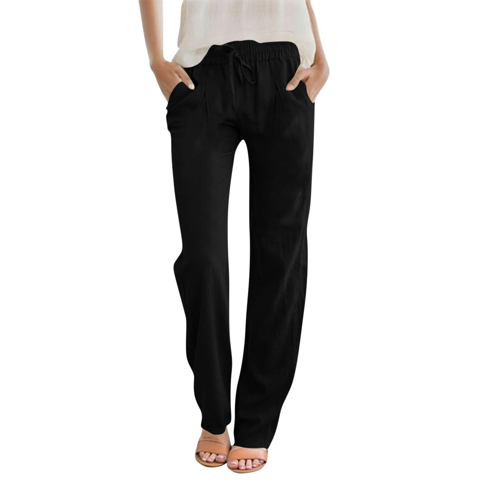 LRMQS Summer Cotton Linen Pants for Women 2026 Casual Drawstring Elastic Waist Trendy Trousers with Pockets Beach Clothes