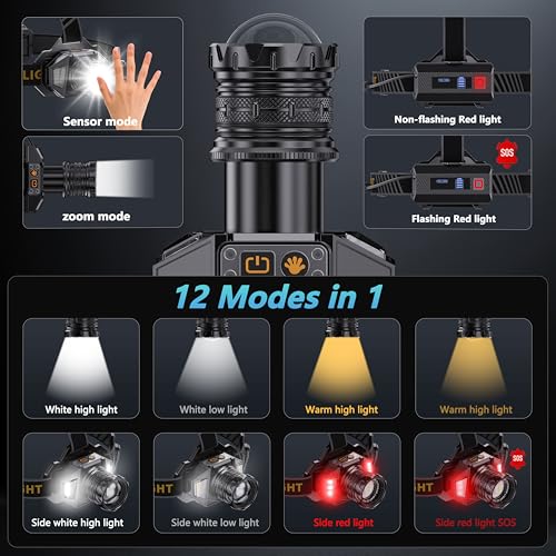 Image of LED Headlamp Rechargeable, 99000 Super Bright White /Red /Warm Light Head Lamp with Motion Sensor & 95H Runtime & IPX7 Waterproof,90 Adjustable Headlight for Outdoor, Hard Hat