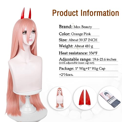 Image of LABEAUTE Orange Cosplay -Power Wig + Horns for Women Girls Long Straight Ginger Anime Hair Wigs with Bangs + Cap