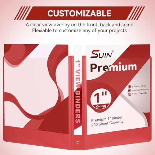 Image of SUIN 1 Inch 3 Ring Binder, Clear 1'' View Presentation Binders with 2 Pockets, Fits 8.5 x 11 Letter Size, Durable Polypropylene, Non-Stick & PVC-Free for School, Office & Home (Red)