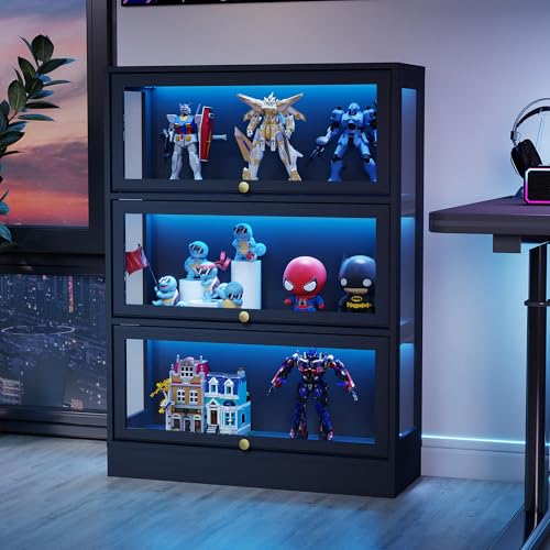 BONITURE Display Cabinet with Acrylic Glass Doors,3-Tiers Curio Cabinet with LED Lighting for Collectibles, Collectibles Toy Organizers Rack & Display Shelf Display Case Storage Cabinet, Black