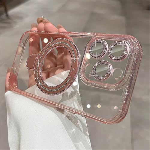 Coque iPhone 14 Plus paillettes rose avec support diamant magnétique et protection caméra intégrale