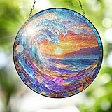 FLAGWIX Beach Gifts for Women Men - Stained Glass Window Hanging 8in for Decorations 2025 - Sun Catchers Indoor Window for Ocean Decor, Beach Decor, Boho Gifts for Women
