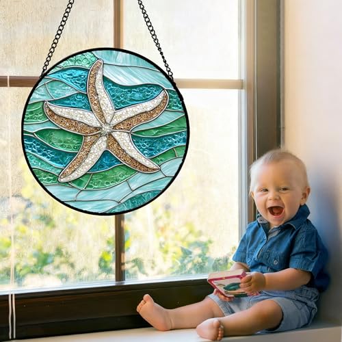Image of DASTOLL Stained Glass Window Hanging Teal Sea Waves Starfish 6.3 inch - Suncatcher Door Garden Sun Catcher Home Decor Birthday Mother's Day for Mom Men Woman Parents Her Child Nana