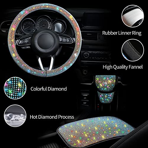 Bling Steering Wheel Cover Set, 3 Pack Bling Car Accessories Set, Bling Steering Wheel Cover Fit 15Inch, Sparkling Center Console Cover,Rhinestone Gear Shift Cover（Black-Ab Rhinestones） #TOP1