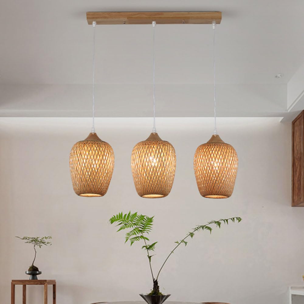 Lampada a Sospensione in bambù 3 luci Lampada da soffitto in Vimini Rustico con Paralume Lampadario Bohémien Intrecciato a Mano retrò Adatto per lampadario in bambù Camera da Letto Camera da Letto