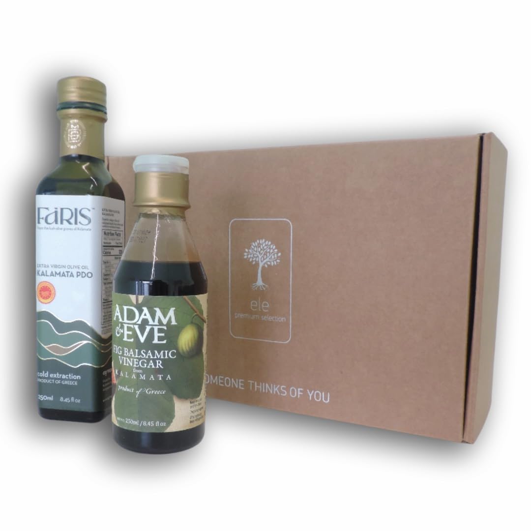 Set premium grec pour salade – Huile d’olive extra vierge de Kalamata AOP & Vinaigre balsamique à la figue – 2 x 250ml – Faris & Adam&Eve – Duo gourmet pour salades, vinaigrettes et marinades.