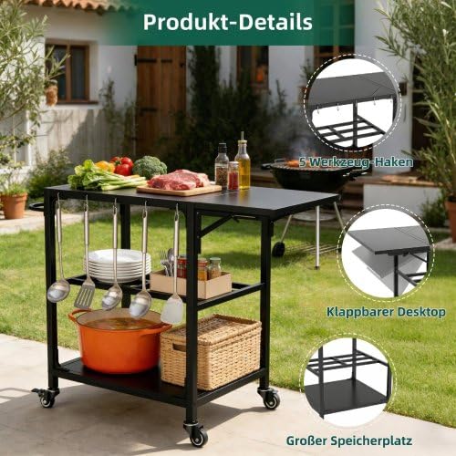 Carrello per barbecue da esterno per XL Big Green Egg, resistente alle intemperie e pieghevole, robusto carrello in metallo con ruote, ripiano e ganci per attrezzi, tavolo mobile per barbecue per
