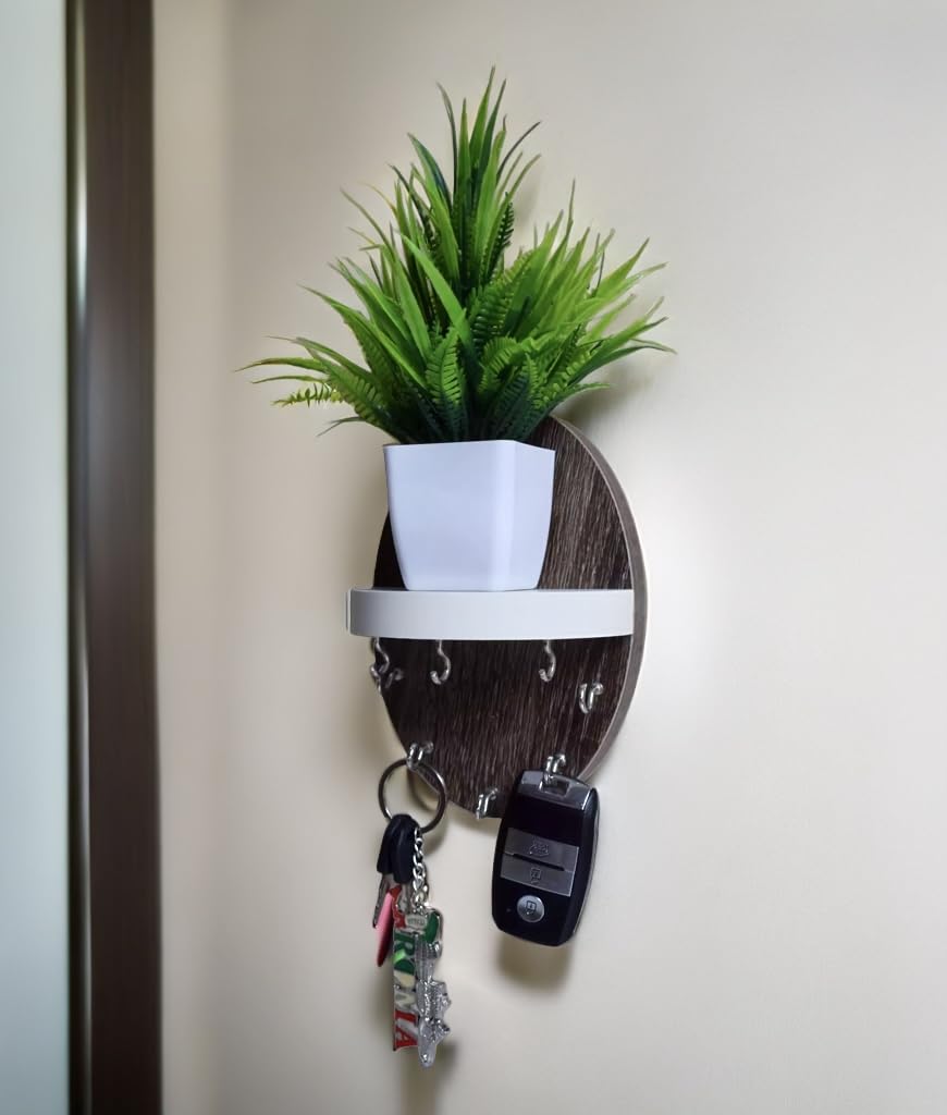 InoSlashed Key Holder for Home | Wall Stylish Key Stand | Key Chain Holders for Wall | Key Hanger | Free Artificial Plant Pot | 8 Hooks (Dark Brown - Oval) (B0D1V3X9PW) Amazon Price History, Amazon Price Tracker