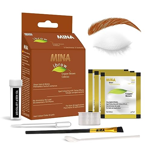 MINA iBrow Henna Hair Color Tint Kit with Brush Combo Pack | Covers Gray Hair-Lasts for weeks | No Ammonia No Lead | Vegan & Cruelty Free | up to 30 Applications (Copper Brown)