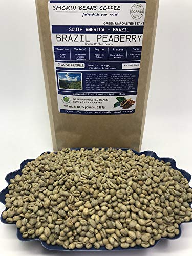5 Pounds – South American – Brazil Peaberry – Unroasted Arabica Green Coffee Beans – Grown Region Poco De Caldas – Altitude 3200 Feet – Drying/Milling Process Natural/Semi Washed - Includes Burlap Bag #TOP3