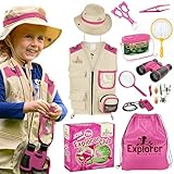 Kids Explorer Kit with Activity Book, Bug Hunting Kits for Children with Safari Vest, Zoo Keeper Hat & Kids Binoculars, Dress Up Toy for Nature & Insect Lovers Ages 3-7 (Pink)