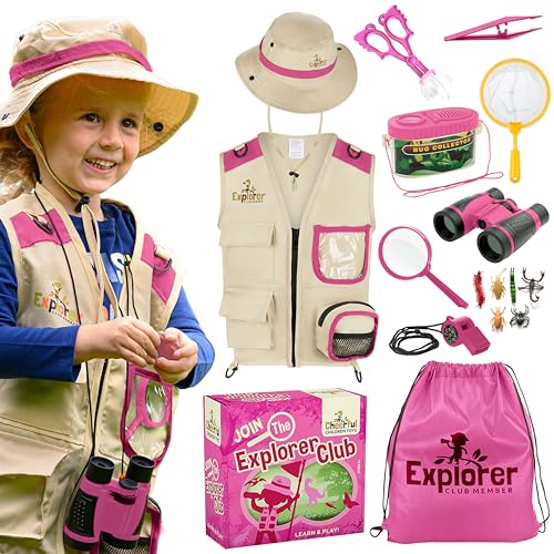 Cheerful Children Toys Premium Kids Explorer Kit with Extra Sturdy Accessories for 3-7 Year Olds -Bug Hunting Costume Hat Vest girls Outdoor Backyard Safari Nature Zoo Keeper STEM Educational