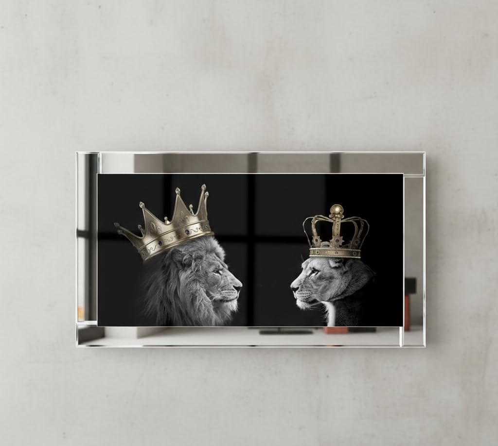 Biznest 3D Liquid Glitter Art Work Mirrored Frame Lion Royal Family Golden Crown Diamante Wall Hung Glass King Queen Cubs Black Gold Landscape 85 X 45 Cm (KING & QUEEN ONLY)