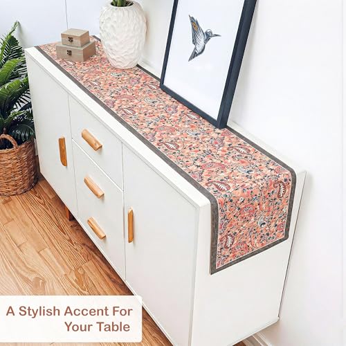 Image of Heart Home Velvet 13x72 Inch Table Runner for Home Decor | 6 Seater Dining Table Place Mat Elegant Soft Feel /Machine Washable | Pyramid 1237 - Peach & Green