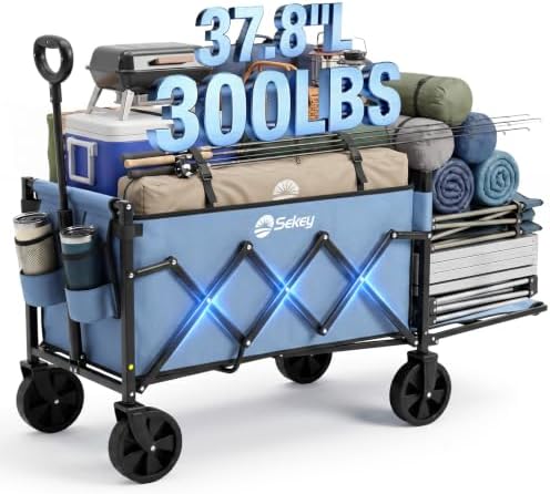 Sekey Collapsible Wagon with Tailgate, 300 lb Capacity, 38 in Cargo Length | Foldable wagon cart with drop-down tailgate, nearly 38 in cargo length, dual cup holders and upright handle for long gear.