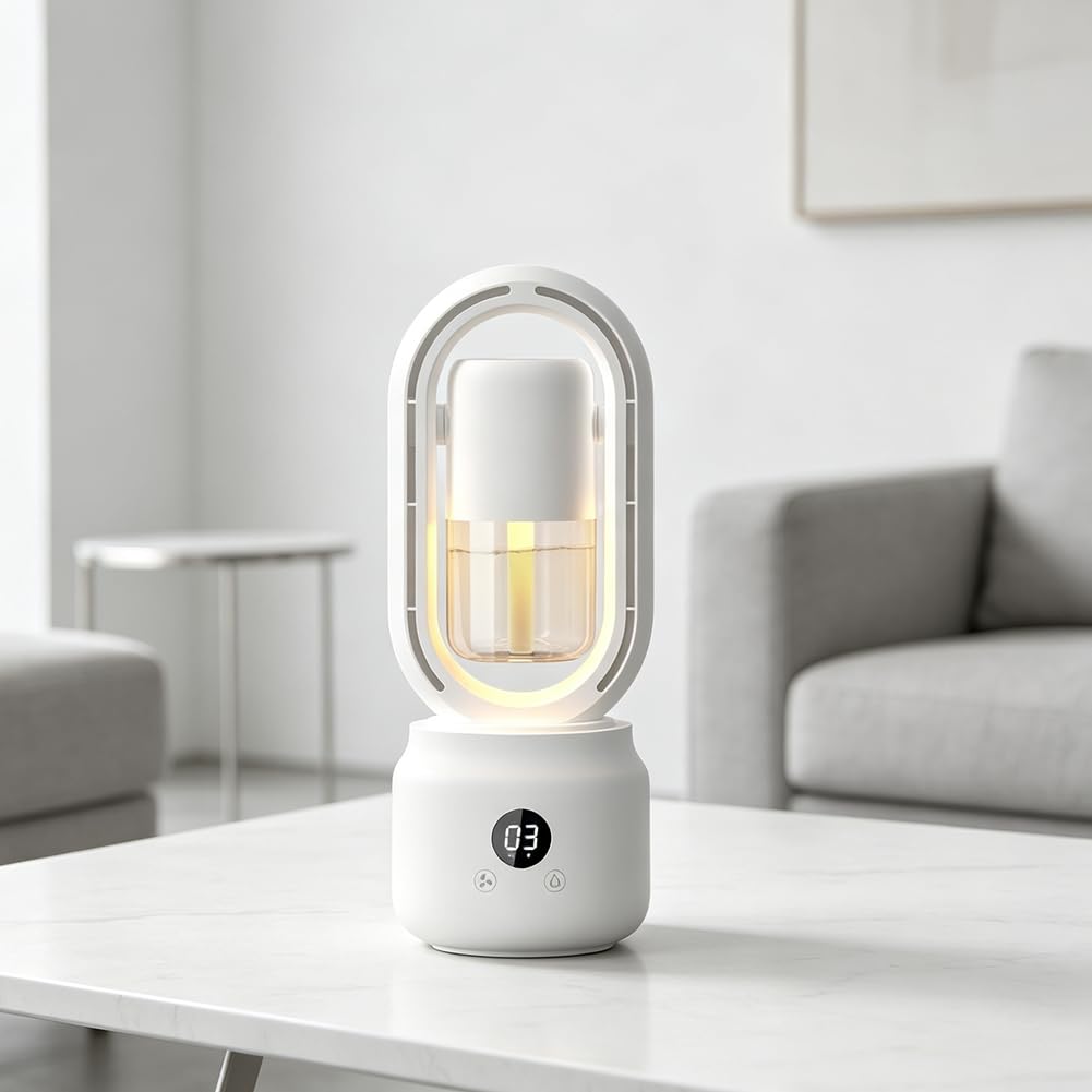 Tragbarer Blattloser Ventilator mit Nebel | Robustes ABS Material, PET Wassertank, langlebig, leicht zu reinigen, spritzwassergeschützt