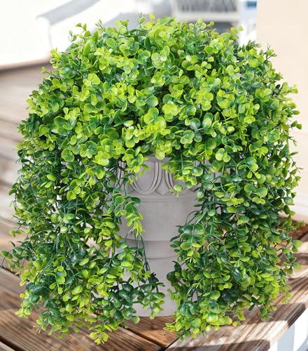 Faux Outdoor Plants Fake Hanging Plants for Outdoors Outside Decorations, 2 Pcs Green Faux Eucalyptus Stems Realistic UV Resistant Artificial Greenery for Planters Porch Garden Yard Front Door Patio