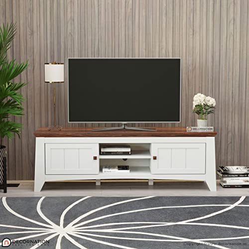 Image of DecorNation Eden Wooden TV Unit Table - Two Compartments with Door, Walnut Finish Tabletop for Living Room, Bedroom, Office Furniture Stand (60 inch x 16 inch x 18 inch, White)