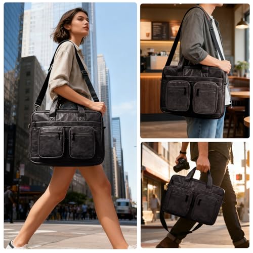 Image of MOCA PU Leather Laptop Bag for Men & Women | Office Briefcase | Multi-Pocket Messenger Bag | Fits 15.6 Inch Laptop | Adjustable Shoulder Strap