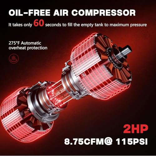 10 Gallon Ultra Quiet Air Compressor with Two Quick Couplers, 2HP 8.76 CFM@ 115PSI Oil-Free Air Compressor Tank, 110V/60hz, 70dB Air Compressor for Car Repair, Spray Painting, Woodwork Nailing