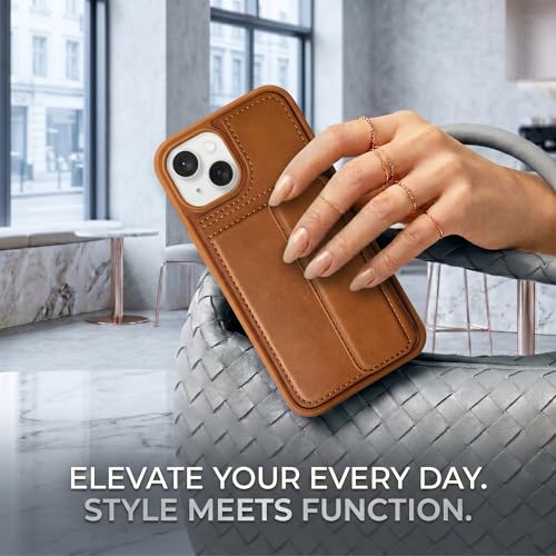 Image of amazon basics Luxury Vegan Leather Back Cover for iPhone 15 | Built-in Card Holder Slot | Integrated Mobile Stand | Slim Shockproof Protective Case with Stitched Finish - Tan