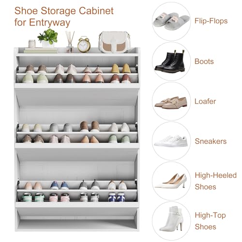 GarveeHome Shoe Cabinet with 3 Flip Drawers, Wooden Shoe Organizer with Adjustable Shelf, Shoe Storage for Entryway, Hidden Shoe Cabinet for Hallway, Living Room, White